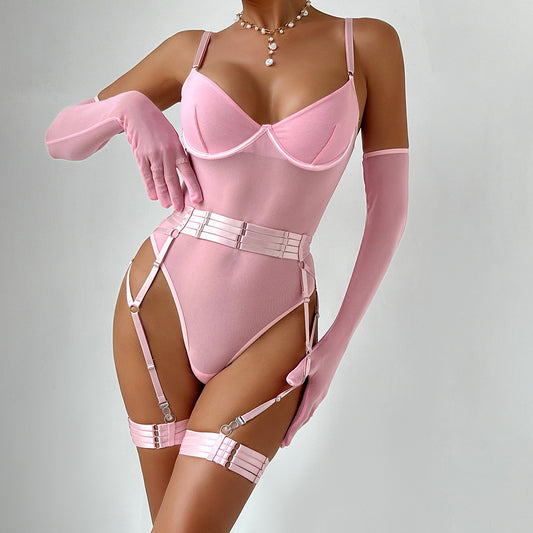 Body de Malla Transparente con Guantes y Vendaje | Conjunto Lencería Rosa