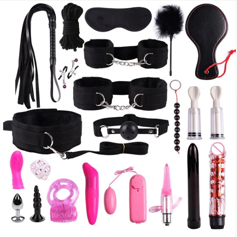 Set Bondage BDSM 23 Piezas | Esposas, Fusta, Plug Anal y Vibrador para Parejas
