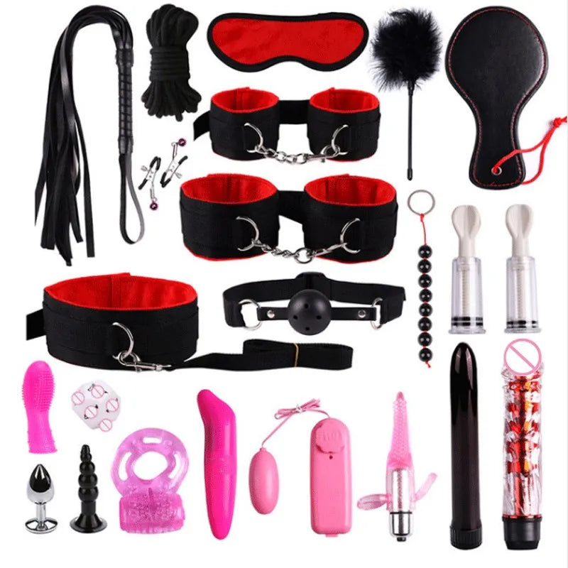Set Bondage BDSM 23 Piezas | Esposas, Fusta, Plug Anal y Vibrador para Parejas